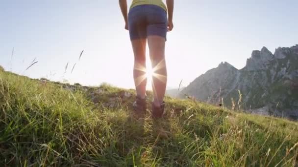 Slow Motion Close Unrecognizable Woman Cheering She Hiked Top Mountain — Stock Video