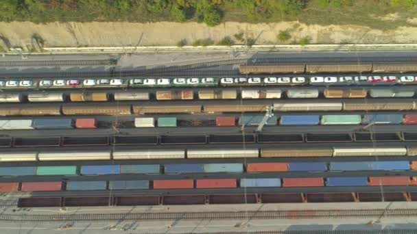 Aerial Top Flying Loaded Cargo Train Leaving Industrial Railroad Station — Stock Video