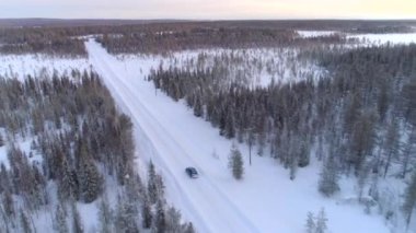 Hava güneşli kış sabahı karlı çam ormanı ile sürüş mavi araba üzerinde uçan. Karkaplı Lapland vahşi arasında seyahat yolculuk insanlar. Finlandiya'da boş buzlu yolda araba sürme