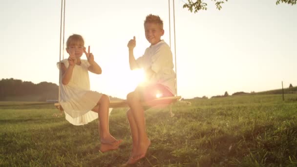 慢动作肖像 一对微笑的孩子俏相到的姿势为相机 小弟弟和妹妹坐在木头上 微笑着在日落时摆姿势 快乐的兄弟姐妹在秋千上享受一个温暖的夏日夜晚 — 图库视频影像