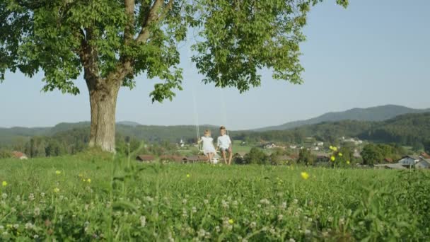 Motion Lent Les Enfants Souriants Ludiques Amusent Balancer Sous Grand — Video