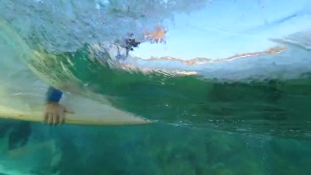 Underwater Slow Motion Close Male Surfer Standing Wooden Surfboard Rides — Stock Video