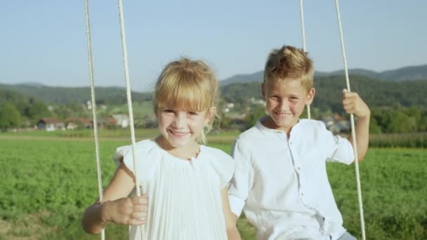 Portrato Moción Lenta Feliz Hermano Hermana Balanceándose Columpio Día Soleado — Vídeos de Stock