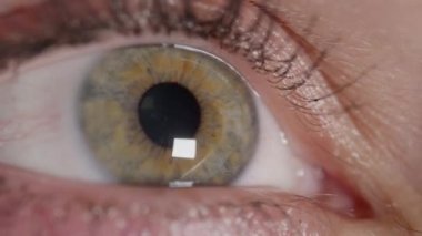 Slow Motion Macro: Göz kapağı nın açıklanması ve göz küresindeki parlak ışığa yoğun bir şekilde bakan canlı yeşil göz görünümü. Kız kız onu güzel yeşil göz açar gibi kız öğrenci hızla sözleşme.