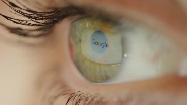 2017年6月4日 美国纽约 女性使用谷歌搜索引擎查找信息 无法辨认的女人在搜索和网上冲浪 眼睛表面镜像谷歌浏览器的Pc屏幕图像 — 图库视频影像