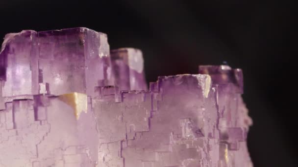 宏特写 透明立方体形成紫罗兰半珍贵紫水晶 紫色萤辛 玻璃质地 几乎看穿 古代宝石被认为是保护主人免受醉酒 — 图库视频影像