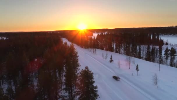 Luchtfoto Vliegen Boven Auto Rijden Door Besneeuwde Bos Bij Gouden — Stockvideo