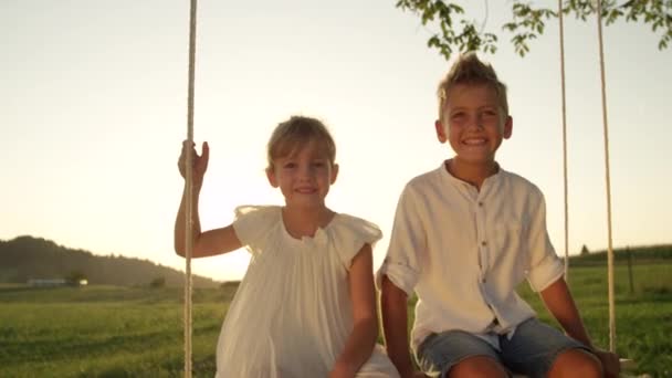 Movimiento Lento Cerrar Hermano Joven Hermana Balanceándose Columpio Bajo Árbol — Vídeo de stock