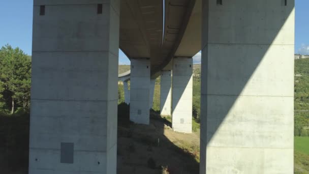 Aereo Volando Sotto Imponente Cavalcavia Autostradale Circondato Pinete Pomeriggio Soleggiato — Video Stock