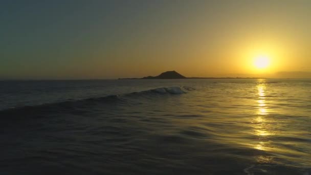 早朝の時間帯にサーフィンに最適な時間を待っている熱狂的なサーファー 美しい穏やかな海の上の黄金の日の出 カナリア諸島でサーファーを求めるスリルのための素晴らしいバケーションスポット — ストック動画