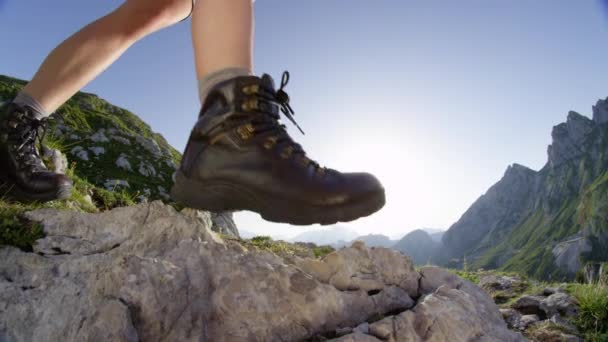 Slow Motion Close Unrecognizable Female Hiker Walking Green Mountainside Sunny — Stock Video