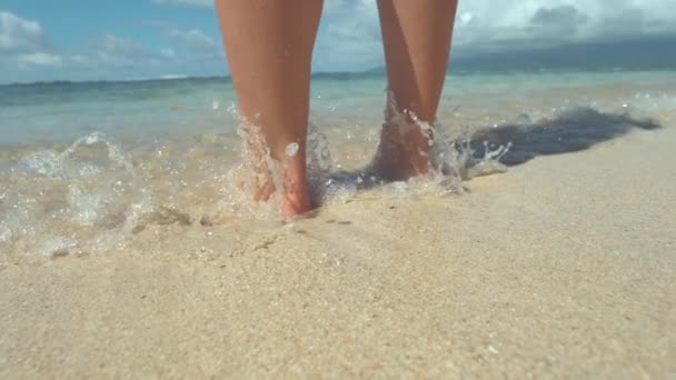 慢动作 无法辨认的年轻女子站在沙滩上的女人湿她的脚在清爽的海水 女孩在热带白沙滩上的暑假在海里浸着她的脚 — 图库视频影像