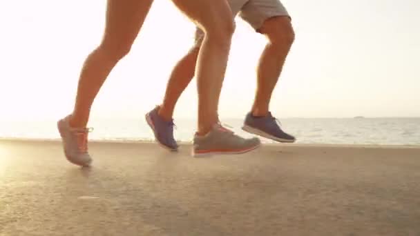 日当たりの良い海辺で一緒にジョギングをしている若い彼氏とガールフレンド スポーティな日の女性に活躍した男は 静かに海に沿ってジョギング 夏に屋外で運動する幸せなカップル — ストック動画