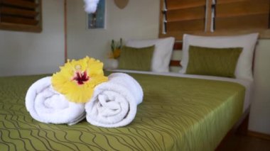 Close Up Sarı ebegümeci çiçeği düzgün bir şekilde dekore edilmiş bir otel yatak odasında havlu yuvarlandı üstüne çırpınan. Tropik bir tesiste hoş karşılanıyor romantik bungalov. Tatilde gevşemek için sakin saklanma yeri