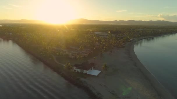 Aerial Lens Flare Flying Breathtaking Sunset Shining Beautiful Tropical Island — Stock Video