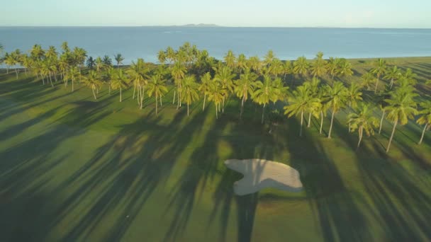 穏やかな夏の夕方の太陽の光によって照らされた静かなゴルフコースの上を飛ぶ 穏やかな海を見下ろす美しい熱帯の島のゴルフリゾートで砂のトラップと孤独なトレイルの映画撮影 — ストック動画