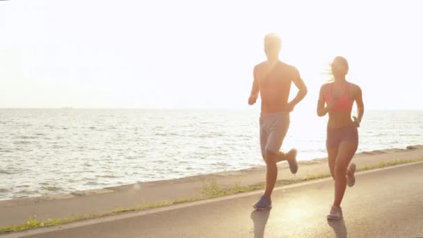 年轻的男朋友和女朋友一起在阳光明媚的海边慢跑 活跃的男人在运动约会的女人慢跑沿着宁静的海洋 夏天在户外锻炼的幸福夫妇 — 图库视频影像