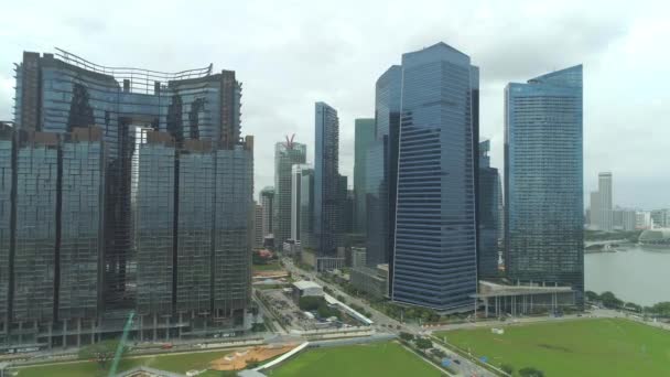 Aerial Breathtaking Glassy Skyscrapers Soar Green Park Beautiful Avenues Cars — ストック動画