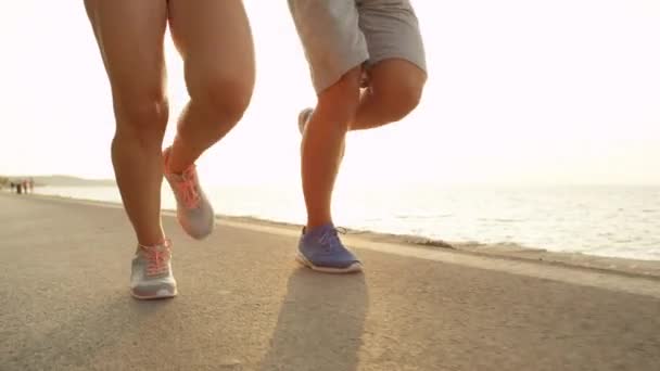 日当たりの良い海辺で一緒にジョギングをしている若い彼氏とガールフレンド スポーティな日の女性に活躍した男は 静かに海に沿ってジョギング 夏に屋外で運動する幸せなカップル — ストック動画
