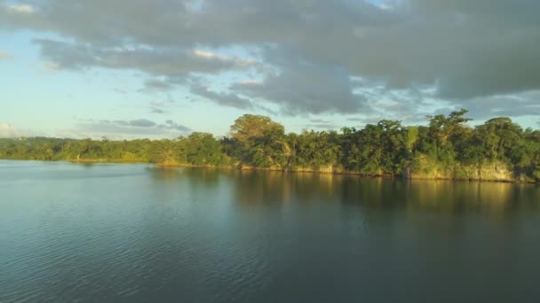 AÉRIAL Survoler une grande rivière près de la forêt tropicale au coucher du soleil d'été doré. Vue spectaculaire sur un paysage exotique et un ruisseau calme au beau lever du soleil. jungle luxuriante se répandant sur l'île tropicale 