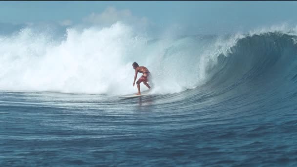 SLOW MOTION: Surfista profissional extremo surfando grande tubo barril onda — Vídeo de Stock