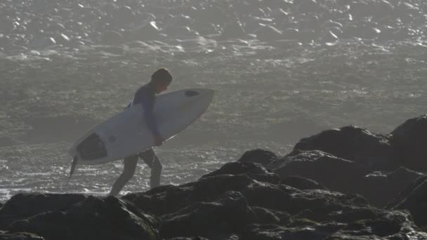 Slow Motion Kapanie Mokrego Surfer Kombinezon Chodzenie Kamienistej Plaży Trzymając — Wideo stockowe