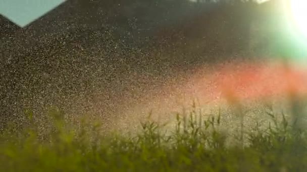Zeitlupe Linsenblitz Nahaufnahme Automatische Sprinkleranlage Die Bei Sonnenuntergang Einen Wunderschönen — Stockvideo