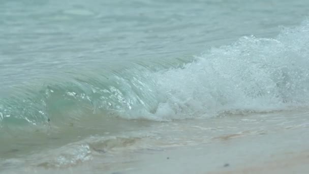 スローモーション クローズアップ 小さなバレルの海の波は美しいエキゾチックな白い砂浜を洗います 熱帯の島に近づく見事なガラスの波は 美しい夏の日に自然のままの砂の上に飛び散ります — ストック動画