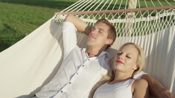 Slow Motion Close Romantic Young Caucasian Couple Sleeping Embrace Swaying — Stock Video