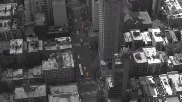 孤立的黄色 在纽约繁忙的单向街道上飞行 满是吸引眼球的黄色出租车 高楼大厦环绕着大都市大道 挤满了交通和行人 — 图库视频影像