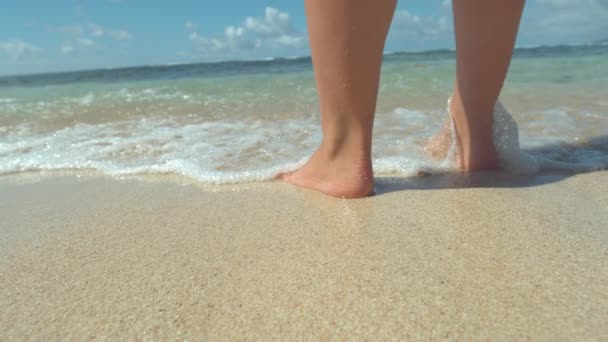 慢动作 女孩在天堂海滩的暑假浸泡她的脚在海里 温柔的海浪溅到无法辨认的女人站在白色沙滩上令人难以置信的海滩在阳光明媚的斐济 — 图库视频影像