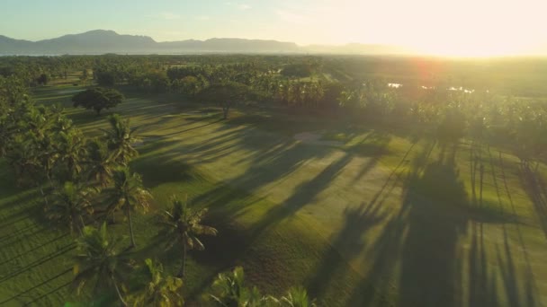 Lenas Aeriais Flare Vista Cinematográfica Campo Golfe Vazio Iluminado Ouro — Vídeo de Stock