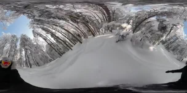 VR 360: Extrema jinete hembra talla a través de un denso bosque cubierto de nieve fresca . — Vídeo de stock