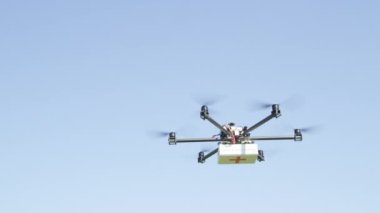 Close Up: İhA Drone teslimatı. Multicopter yükselen ve ilk yardım paketi ile uçan. Sos ilaçlarını teslim eden drone. İlk müdahale uçağıyla tıbbi hava sevkiyatı. Hava İhA lojistik ve ulaşım
