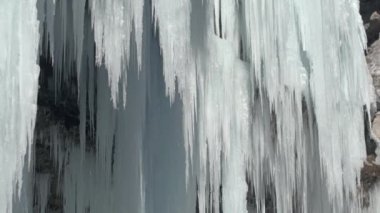 Closeup Kış nehir çağlayan beyaz köpüklü buz sarkıtları içine dondurulmuş. Kış günü kayalık dağ kayalıklarından sarkan çarpıcı don buz sarkıtları Erken bahar güneşeri buzlu şelale su damlaları bırakarak