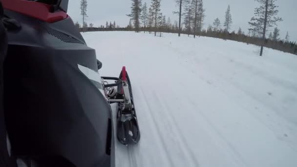 特写雪地摩托天空细节 寒冷的冬季 在芬兰的回乡进行雪地摩托 在荒野中进行雪地旅行 骑乘和赛车穿越美丽的芬兰冰冷的风景 — 图库视频影像