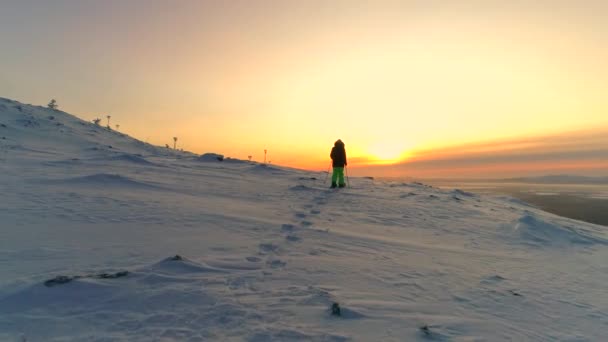 雪山の上に腕を上げる暖かい冬のウェアでアクティブな女性の上を飛ぶ スノーシューで山の頂上にたどり着く女性旅行者は 勝利を収め 腕を上げる 冬の人々 — ストック動画