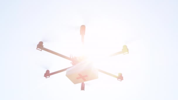 Close Lens Flare Uav Drone Levering Multicopter Vliegen Landen Met — Stockvideo