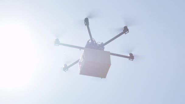 クローズアップレンズフレア Uavドローン配信 太陽の上に茶色のパッケージを飛ぶマルチコプター ドローンがあなたの家に商品を提供します ヘリコプタードローンによる未来的な出荷 マルチコプターロジスティクスと輸送 — ストック動画
