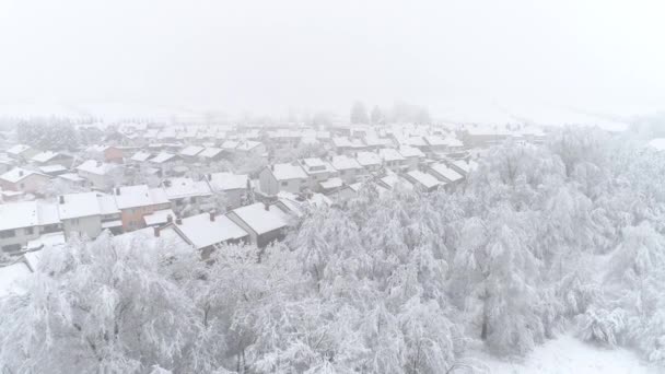 Aerial Flying Quiet Suburban Town Roofs Covered Fresh Snow Winter — Stock Video