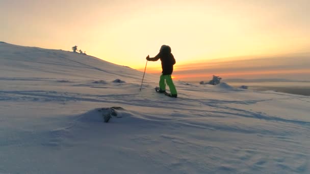 Luftaktiv Frau Winterkleidung Schneeschuhwandern Auf Schneebedeckten Berghang Bei Sonnenaufgang Junge — Stockvideo