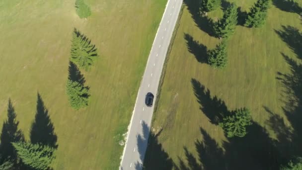 Антена Чорний Автомобіль Позашляховик Водіння Порожньому Шосе Країні Ідилічному Сільській — стокове відео