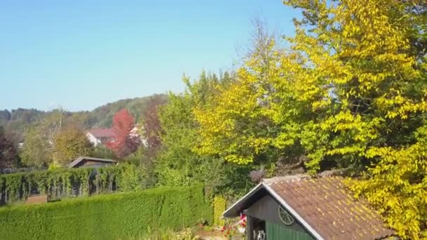 黄色い秋の葉を持つ庭の木の上を飛んで 秋の晴れた日に牧歌的な郊外の町を明らかに 赤い屋根と緑豊かな庭園を持つ日当たりの良い郊外の都市に向かって秋の木の上を飛ぶ — ストック動画