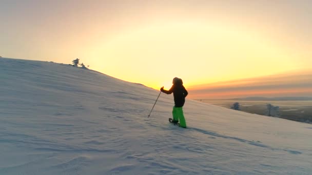 空中活跃妇女穿着冬衣雪鞋在雪山山坡上日出 年轻女子雪鞋徒步旅行在冬季日落 旅行者雪鞋探索雪拉普兰山脉在阳光明媚的早晨 — 图库视频影像