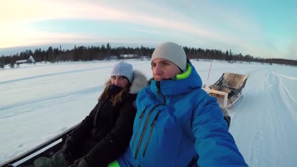 阳光明媚的早晨 一对夫妇乘坐驯鹿雪橇在雪地的拉普兰风景中游览 年轻的旅行者坐着鹿雪橇 年轻的驯鹿拉着雪橇槽雪地的阿拉斯加荒野 — 图库视频影像