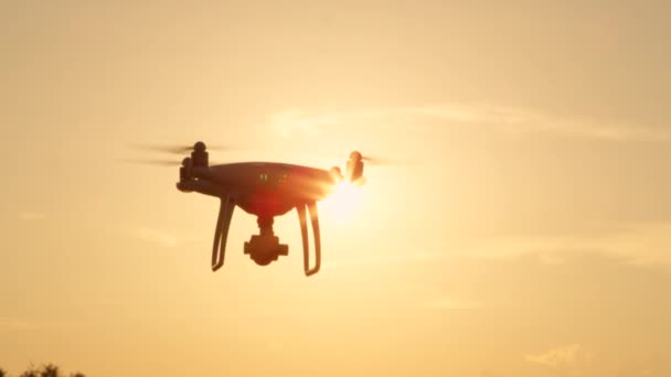 Close Lens Flare Silhouette Small Filming Drone Flying Golden Sunset — Stock Video