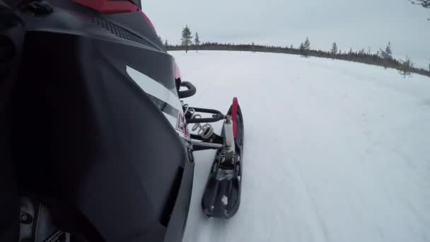 Chiusura Dettaglio Dei Cieli Delle Motoslitte Motoslitta Attraverso Backcountry Finlandia — Video Stock