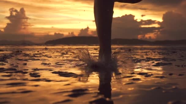 スローモーション ローアングル シルエット アクティブな女性は 空のエキゾチックなビーチで美しいオレンジ色に照らされた夜に海水の大きな水たまりにステップ モルディブの夕暮れ時に水をはねかねる映画撮影 — ストック動画