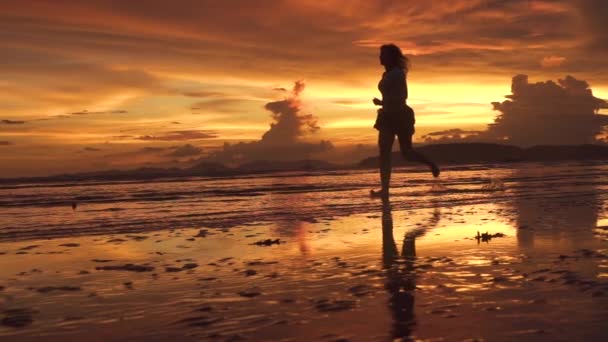 慢动作 运动的年轻女性游客慢跑沿风景如画的热带海滩在令人惊叹的日落 放松的暑假妇女赤脚在异国情调的海岸的湿沙上奔跑 — 图库视频影像