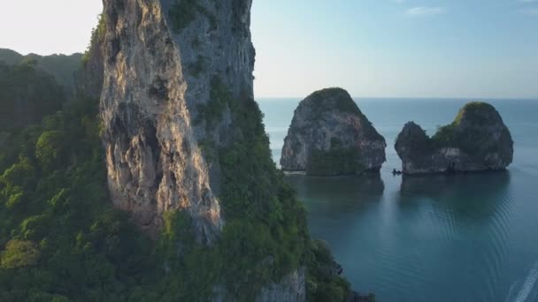 Aerial Flying Large Rocky Cliff Beautiful Morning Tropical Seaside Cinematic — Stock Video